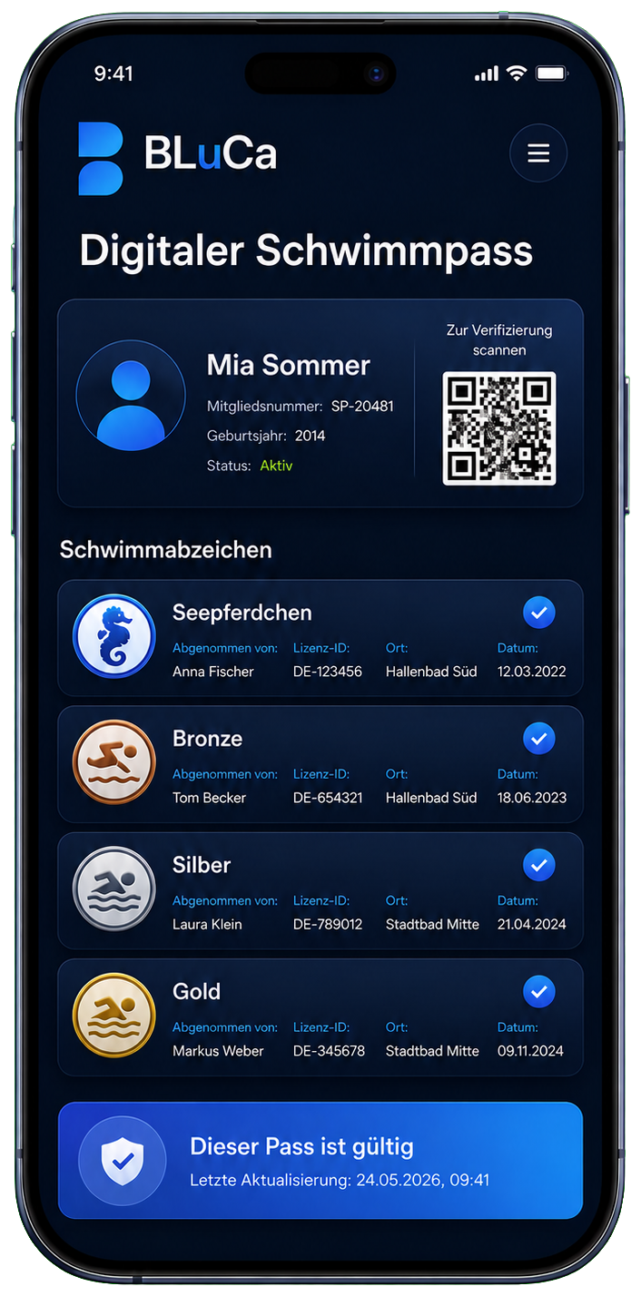 Vollständiges Smartphone mit dem digitalen BLuCa Schwimmpass und vier verifizierten Schwimmabzeichen